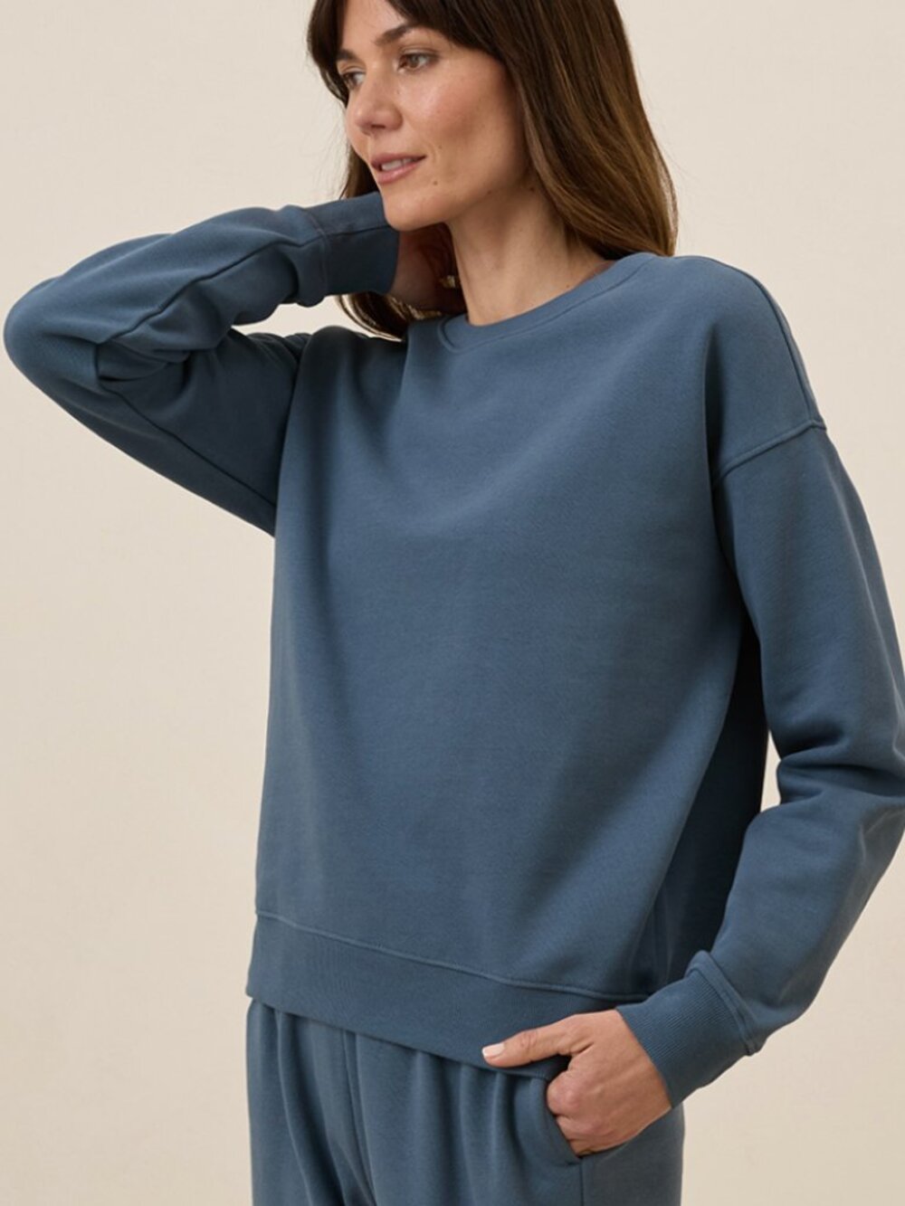 New Pact Organic Women's Slate Blue Cloud Brushed Fleece Crew Sweatshirt Medium
